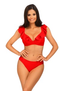 Czerwony kostium  kąpielowy z ozdobną falbanką  L2485