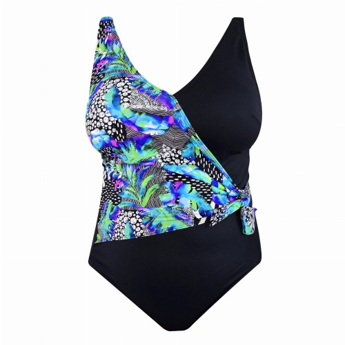 Czarno - kolorowy jednoczęściowy kostium kąpielowy wiązany po boku Plus Size L4614 V1