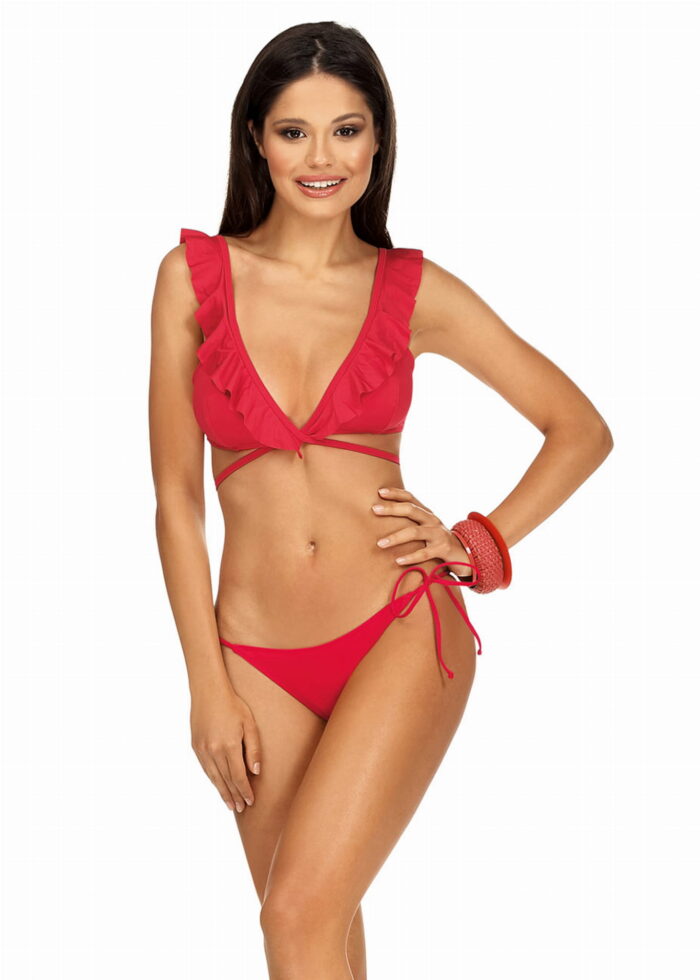 Czerwone bikini w hiszpańskim stylu z ozdobnym wiązaniem z przodu L1140
