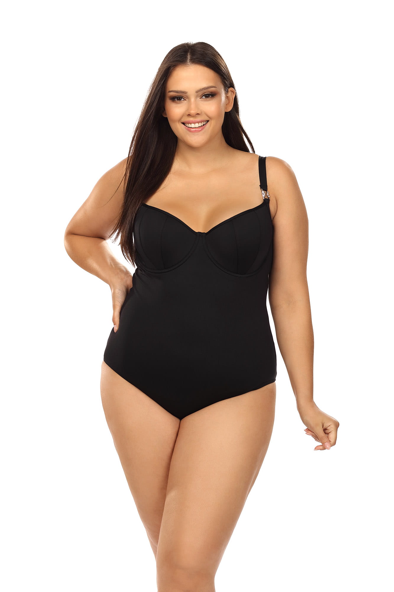 Elegancki kostium kąpielowy jednoczęściowy modelujący PLUS SIZE w czarnym kolorze L4392 - zdjęcie 2