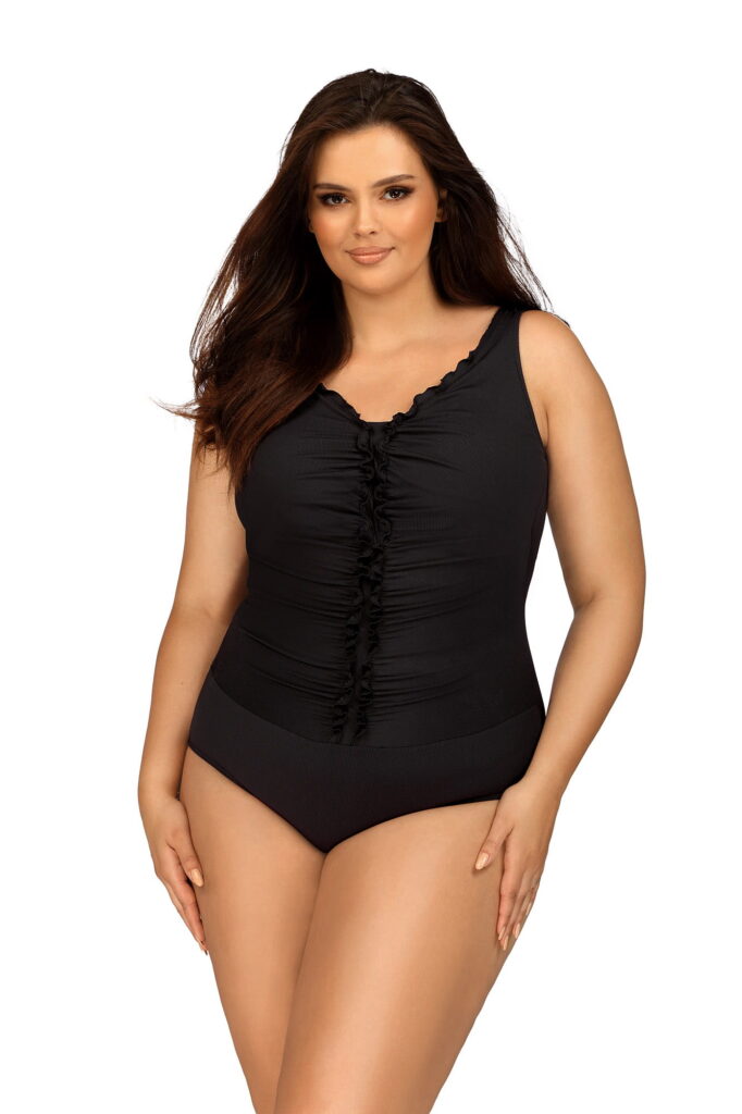 Klasyczny czarny kostium kąpielowy jednoczęściowy Plus Size z efektownym marszczeniem L4543